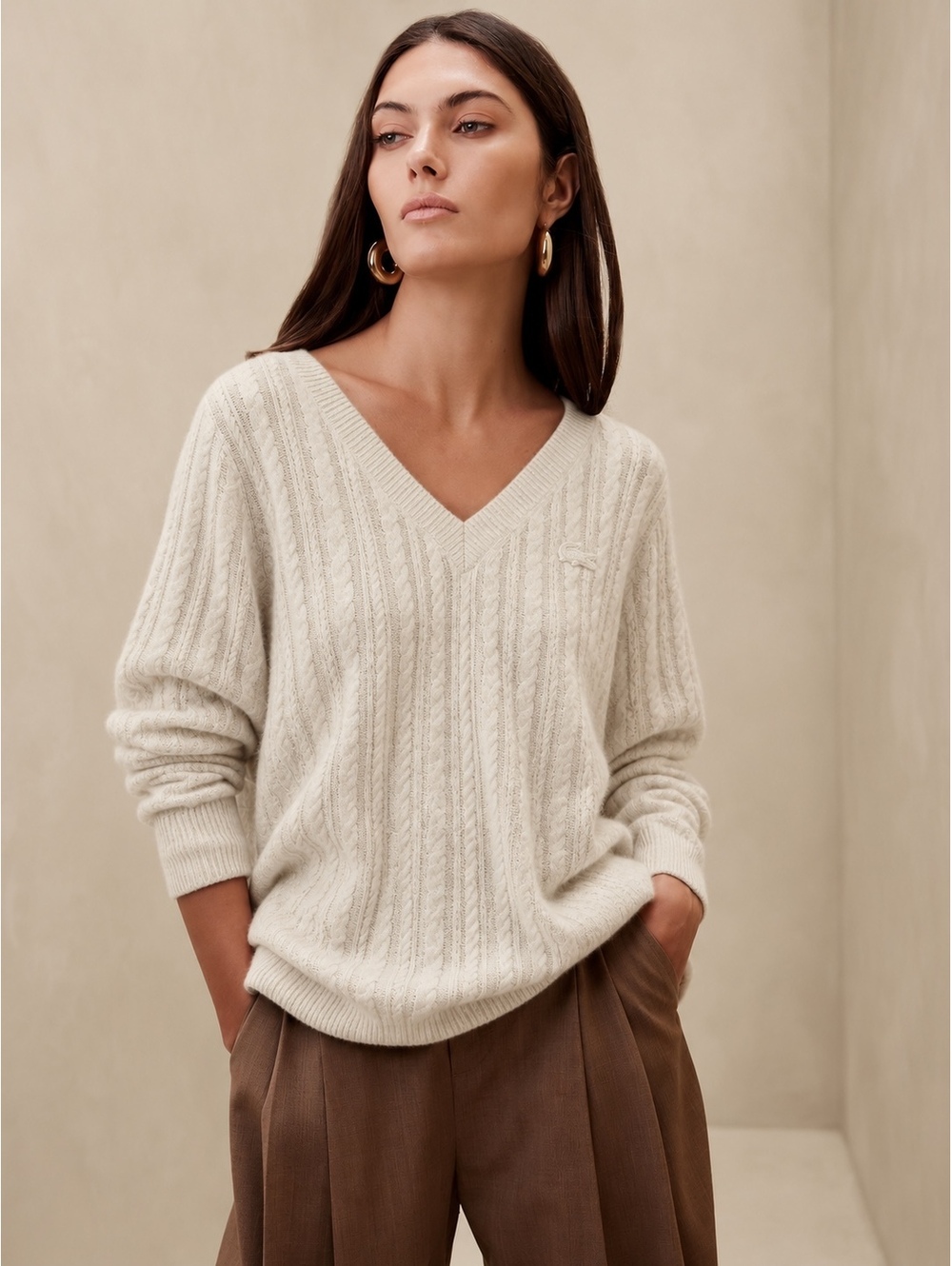 Lacoste Women’s 44 XL Cream Cable Knit Wool Cashmere V Neck Sweater Preppy